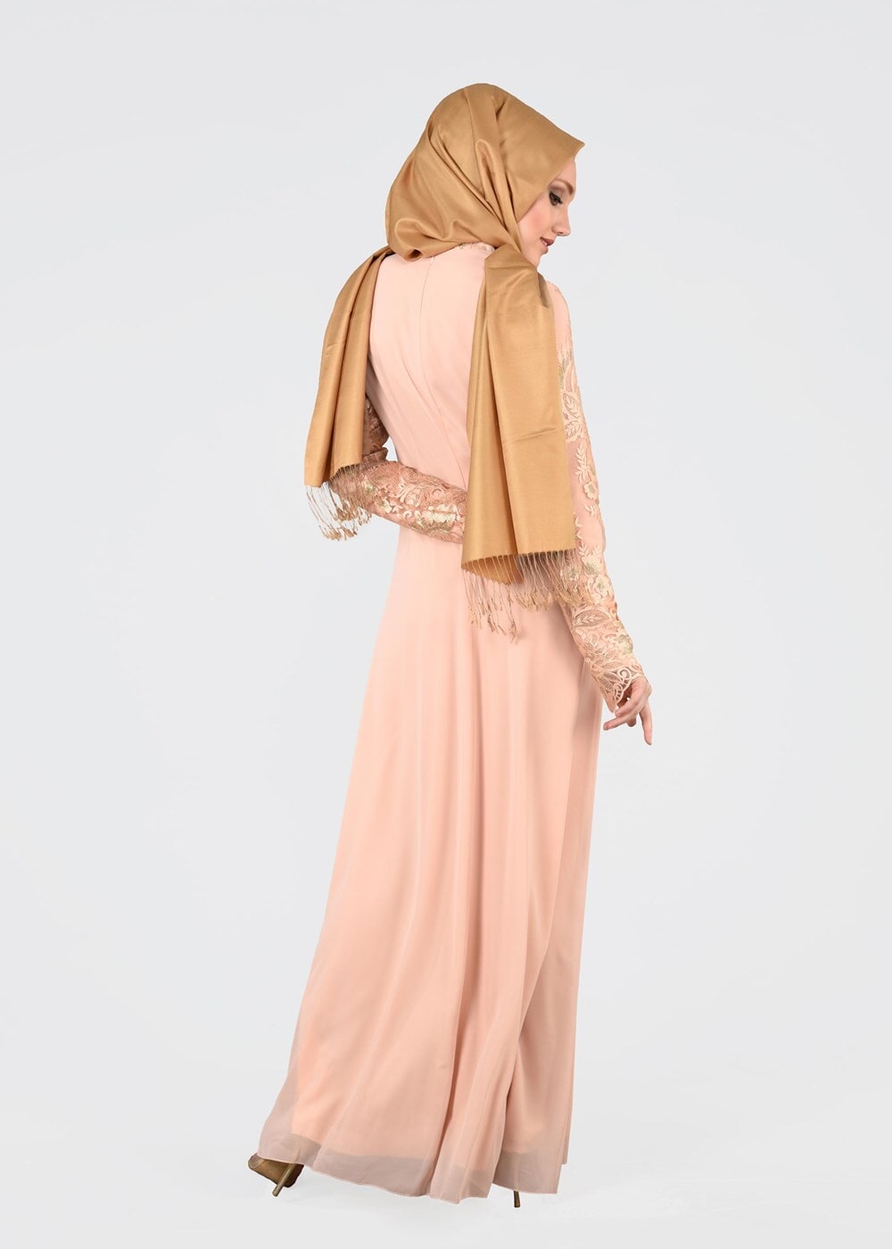 Tesettür giyim PUDRA T 40625 Fy Collection-İşleme Detaylı Abiye Elbise