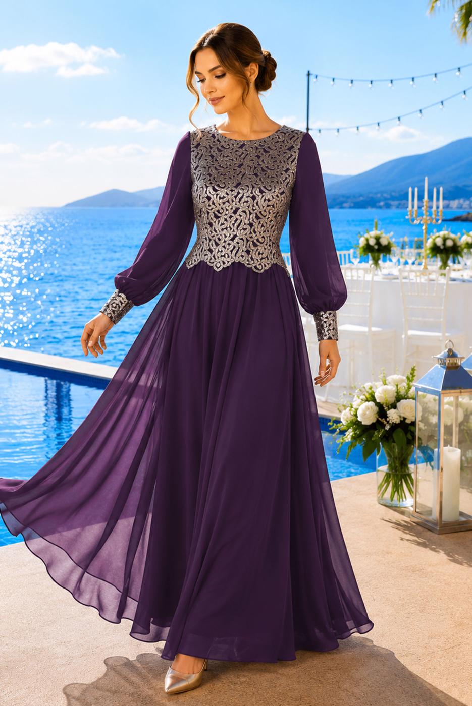 Hijab clothing PURPLE T 48525 Fy Collection-Pul İşlemeli Abiye Elbise
