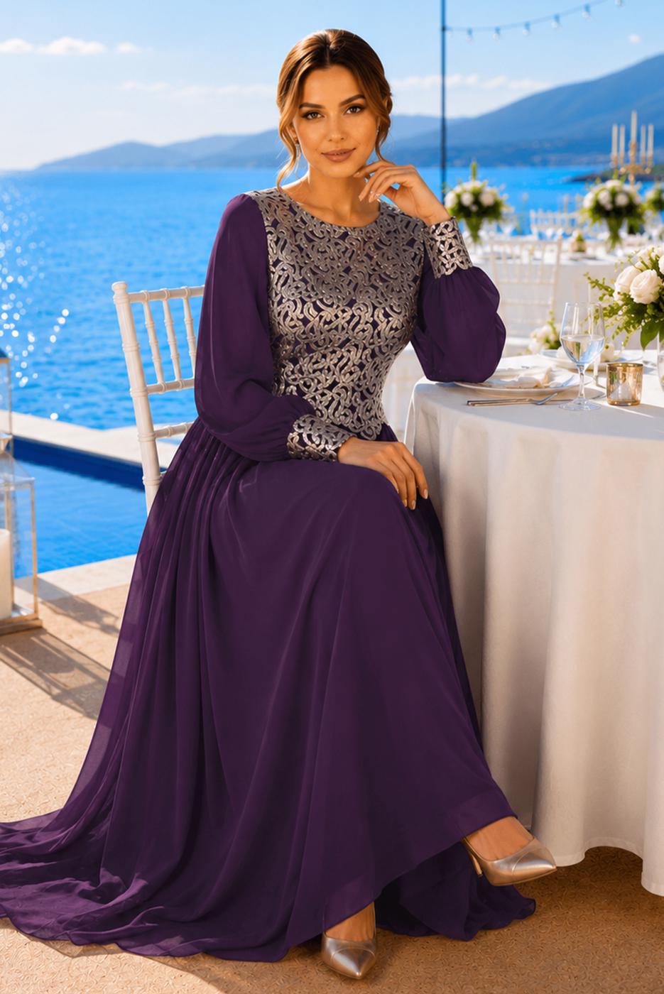 Hijab clothing PURPLE T 48525 Fy Collection-Pul İşlemeli Abiye Elbise