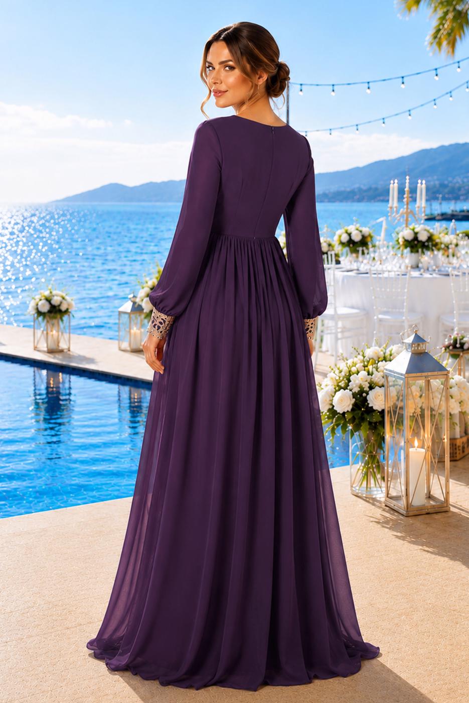 Hijab clothing PURPLE T 48525 Fy Collection-Pul İşlemeli Abiye Elbise