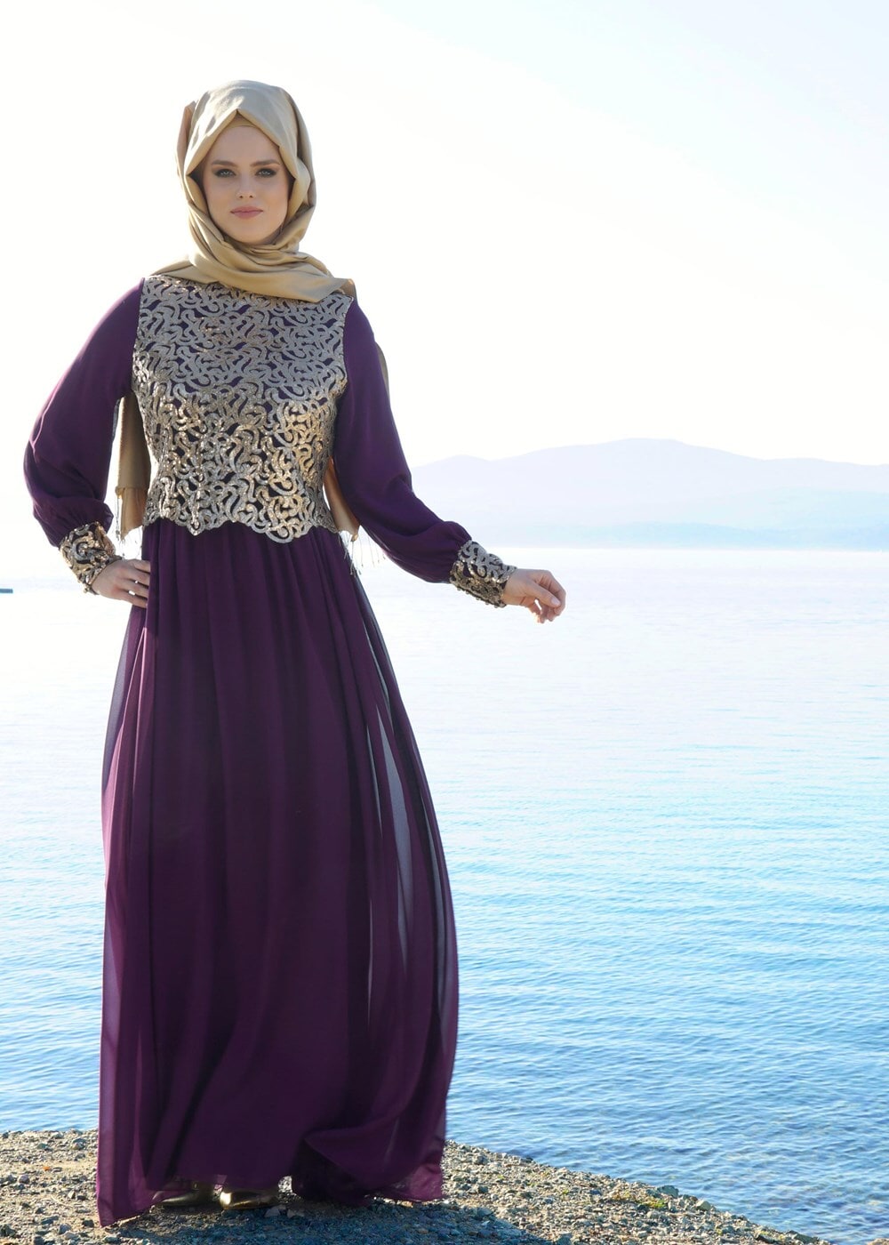 Tesettür giyim MOR T 48525 Fy Collection-Pul İşlemeli Abiye Elbise