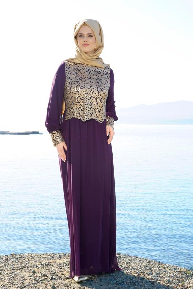 Vêtements hijab  T 48525 Fy Collection-Pul İşlemeli Abiye Elbise - TRENDTESETTÜR