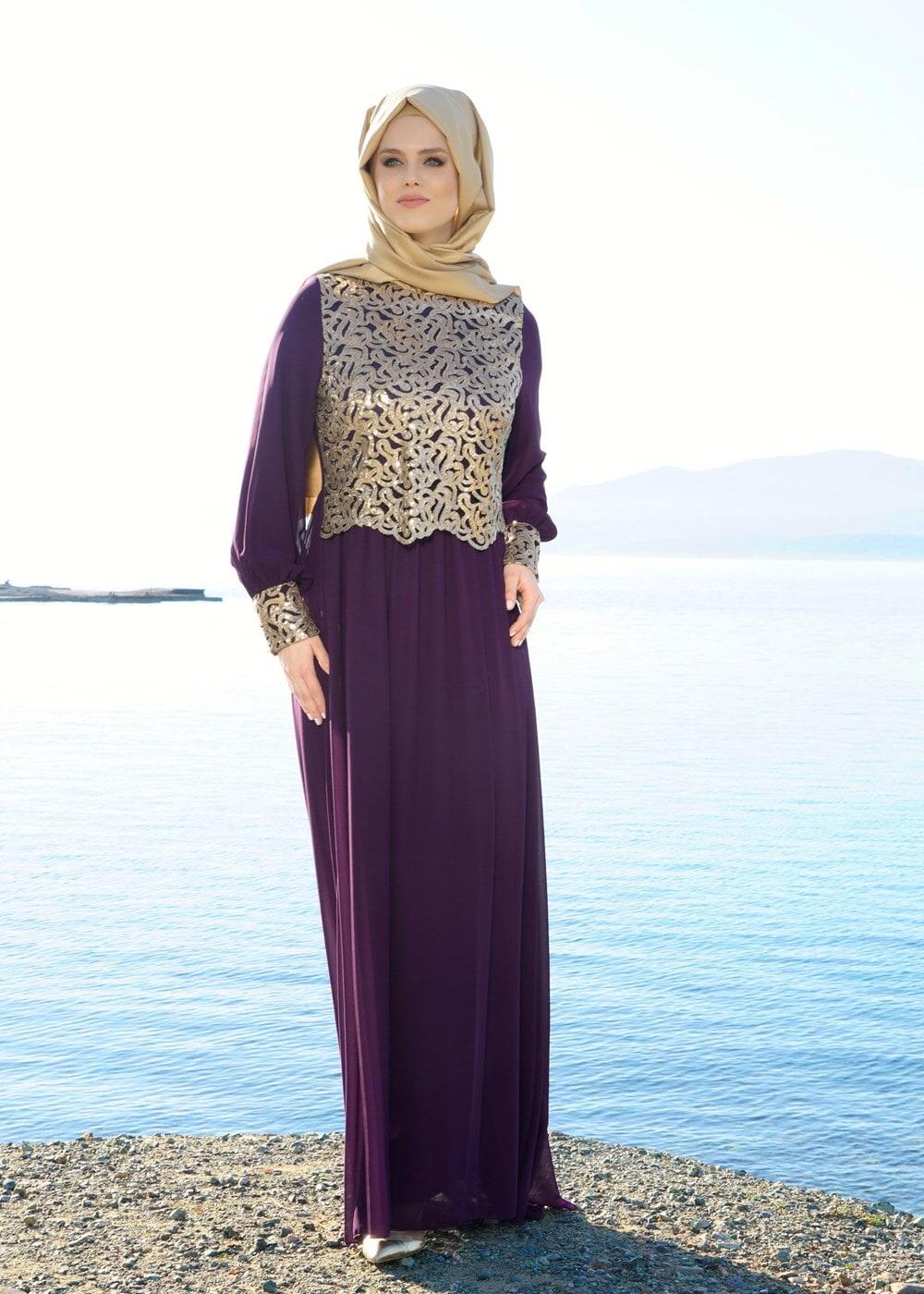 Tesettür giyim MOR T 48525 Fy Collection-Pul İşlemeli Abiye Elbise