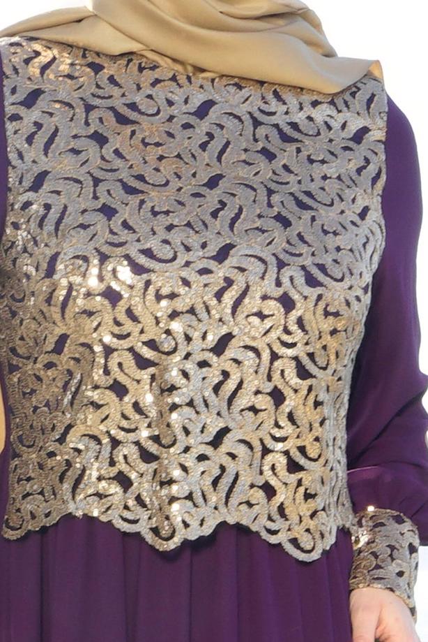 Tesettür giyim  T 48525 Fy Collection-Pul İşlemeli Abiye Elbise - TRENDTESETTÜR