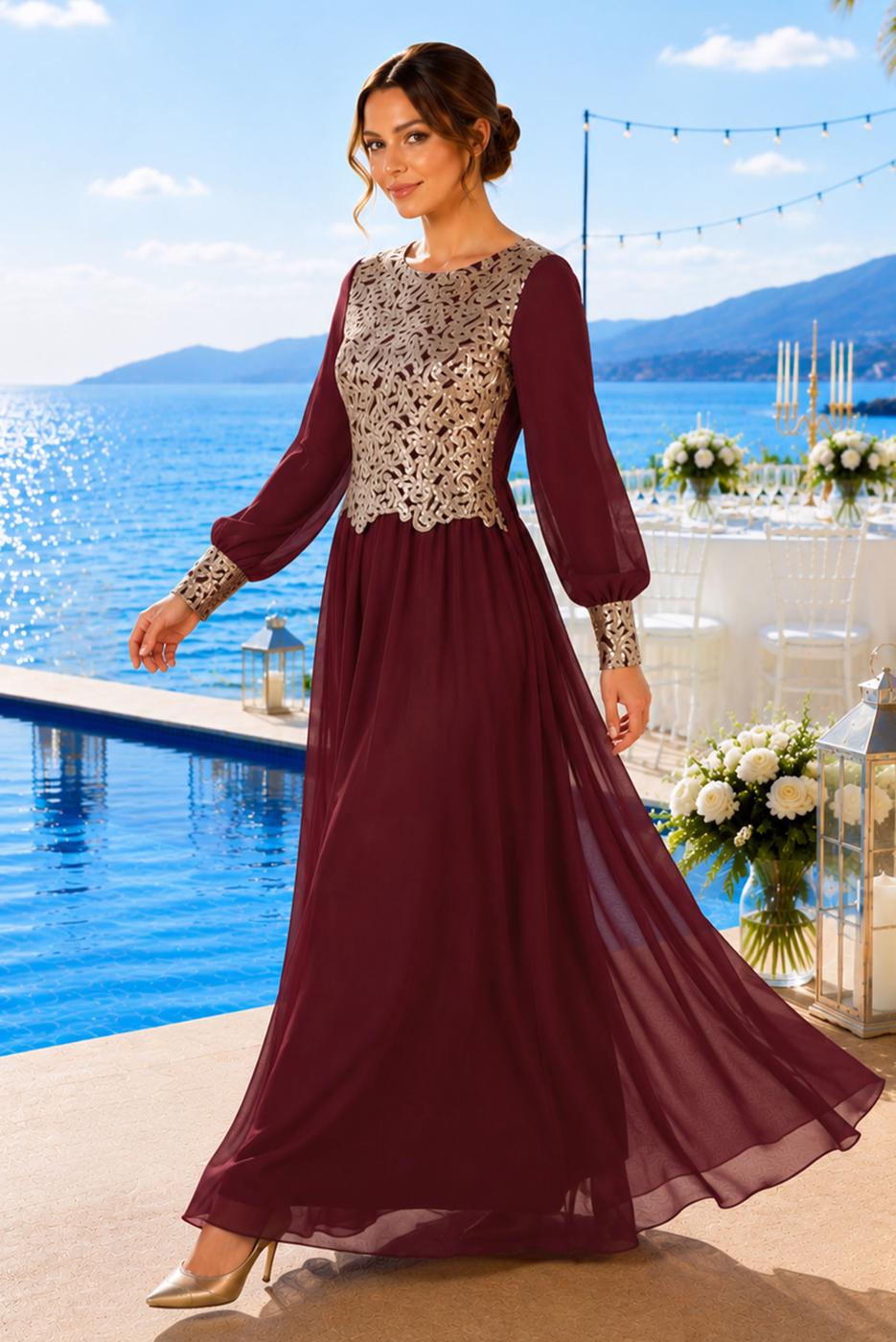 Hijab clothing CLARET RED T 48525 Fy Collection-Pul İşlemeli Abiye Elbise