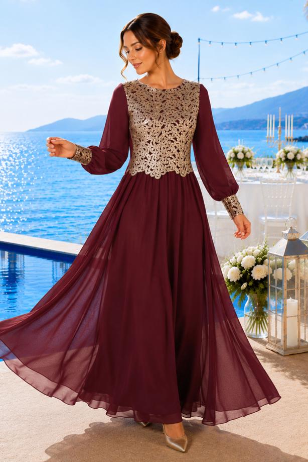 Hijab clothing  T 48525 Fy Collection-Pul İşlemeli Abiye Elbise - TRENDTESETTÜR