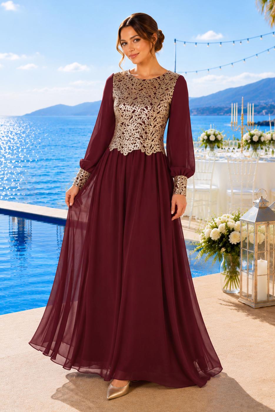 Hijab clothing CLARET RED T 48525 Fy Collection-Pul İşlemeli Abiye Elbise