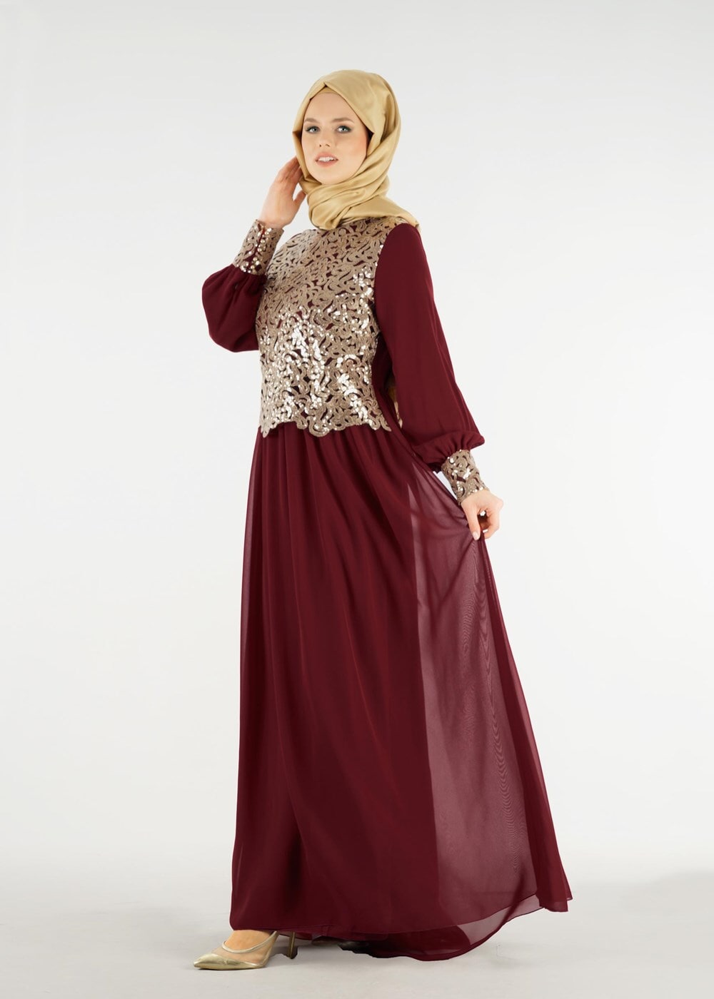 Vêtements hijab ROUGE BORDEAUX T 48525 Fy Collection-Pul İşlemeli Abiye Elbise