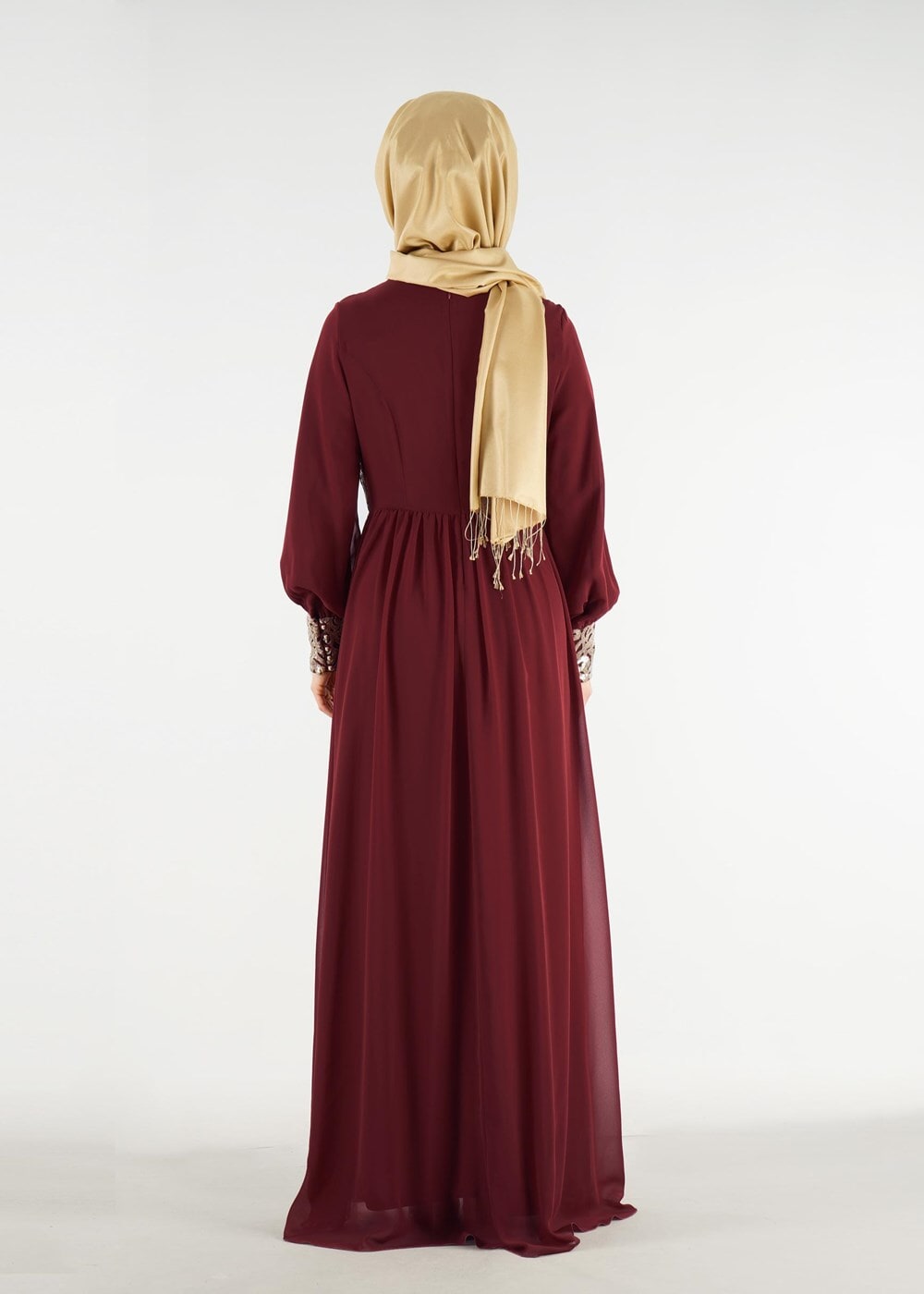 Hijab clothing CLARET RED T 48525 Fy Collection-Pul İşlemeli Abiye Elbise