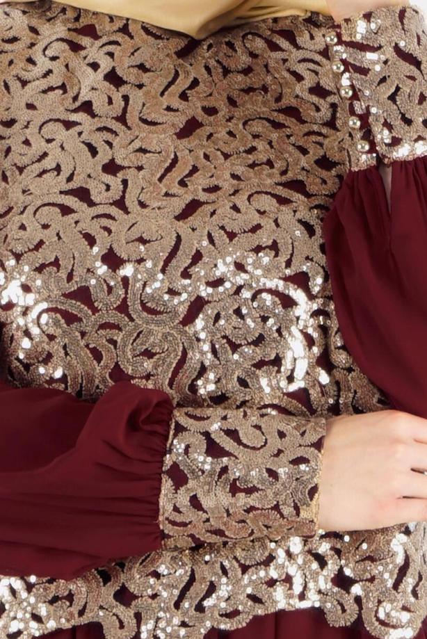 Tesettür giyim  T 48525 Fy Collection-Pul İşlemeli Abiye Elbise - TRENDTESETTÜR