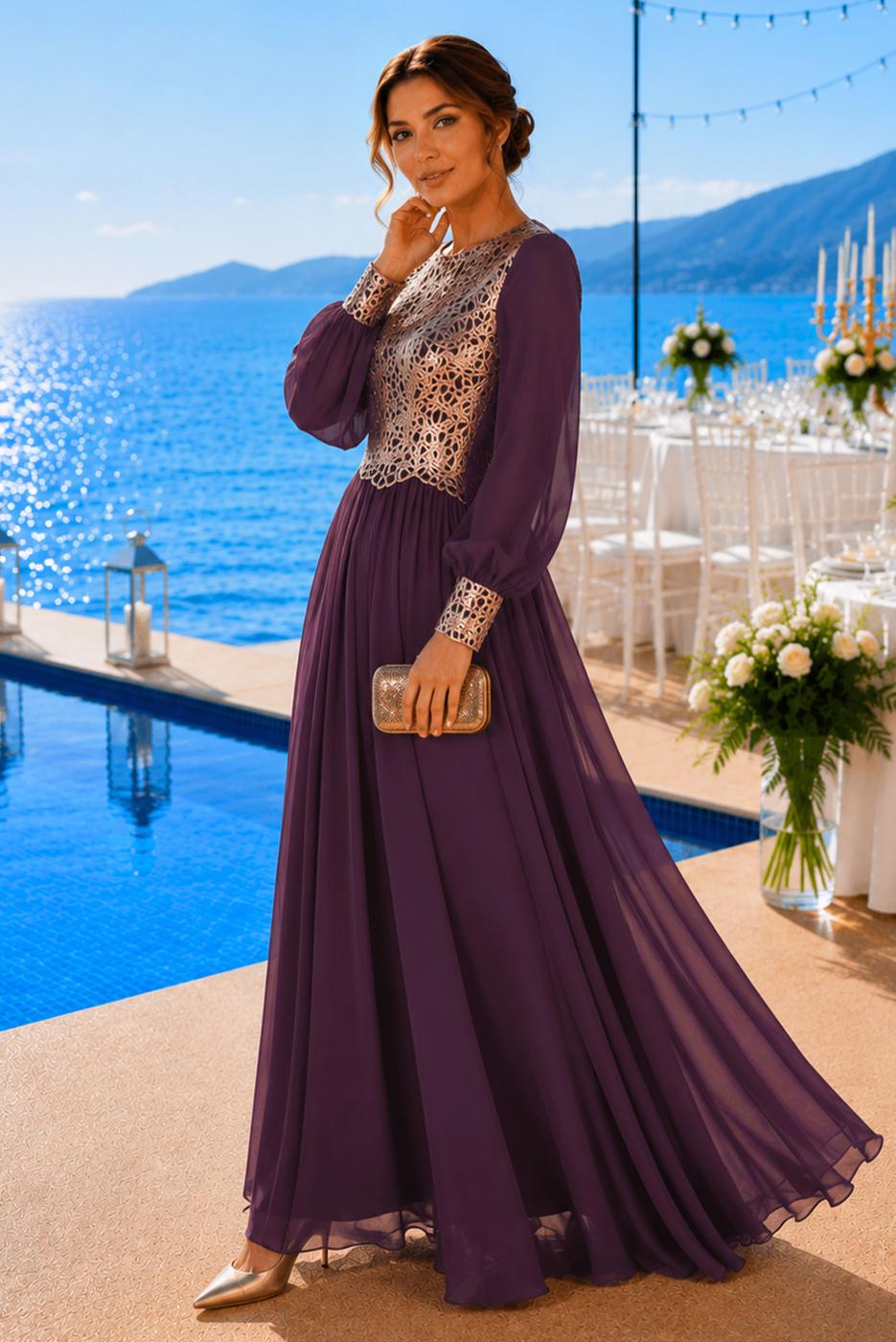 Tesettür giyim MÜRDÜM T 48525 Fy Collection-Pul İşlemeli Abiye Elbise