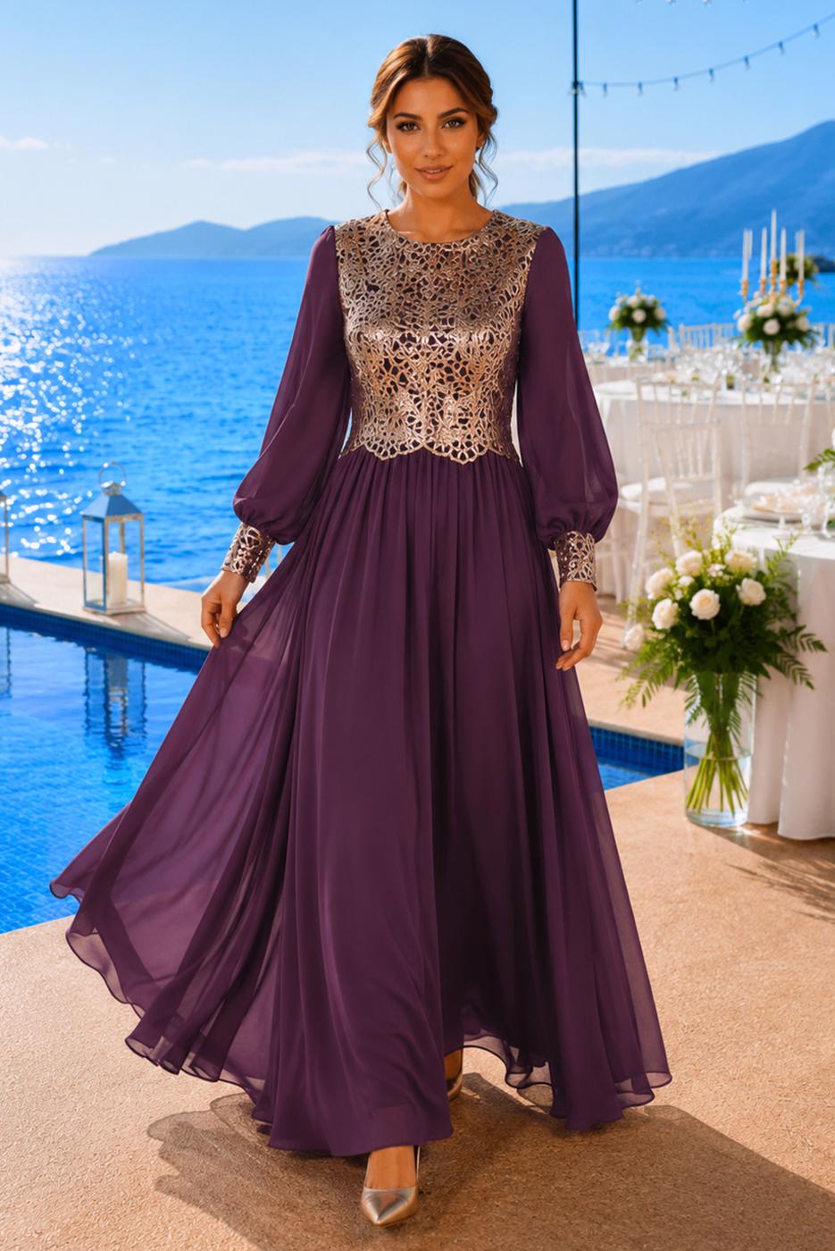 Tesettür giyim MÜRDÜM T 48525 Fy Collection-Pul İşlemeli Abiye Elbise