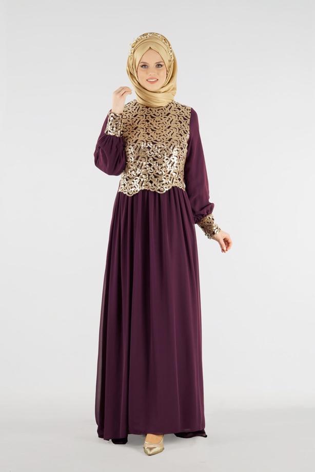 Vêtements hijab  T 48525 Fy Collection-Pul İşlemeli Abiye Elbise - TRENDTESETTÜR