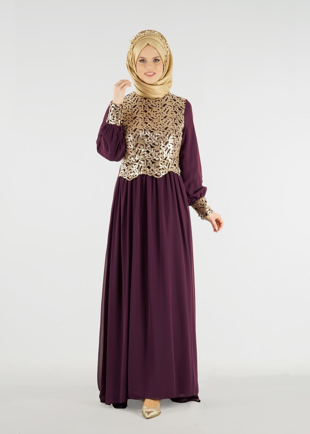 Vêtements hijab PRUNE T 48525 Fy Collection-Pul İşlemeli Abiye Elbise
