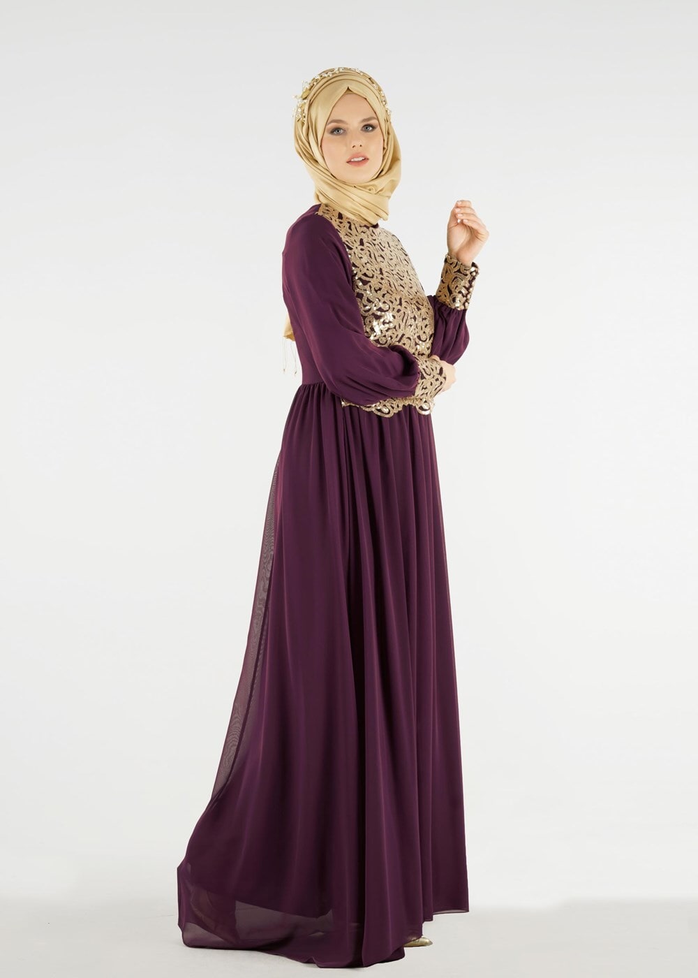 Vêtements hijab PRUNE T 48525 Fy Collection-Pul İşlemeli Abiye Elbise