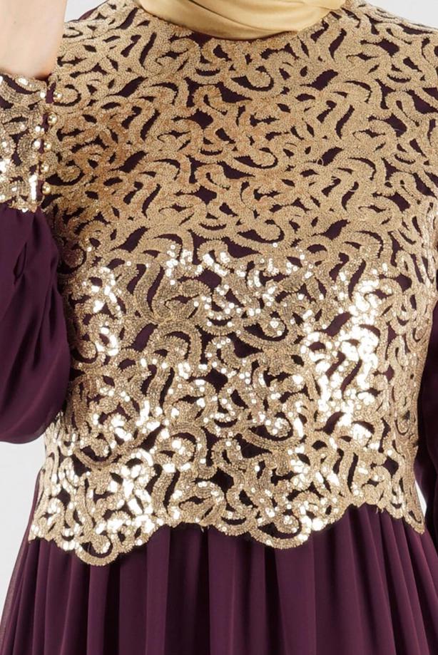 Tesettür giyim  T 48525 Fy Collection-Pul İşlemeli Abiye Elbise - TRENDTESETTÜR