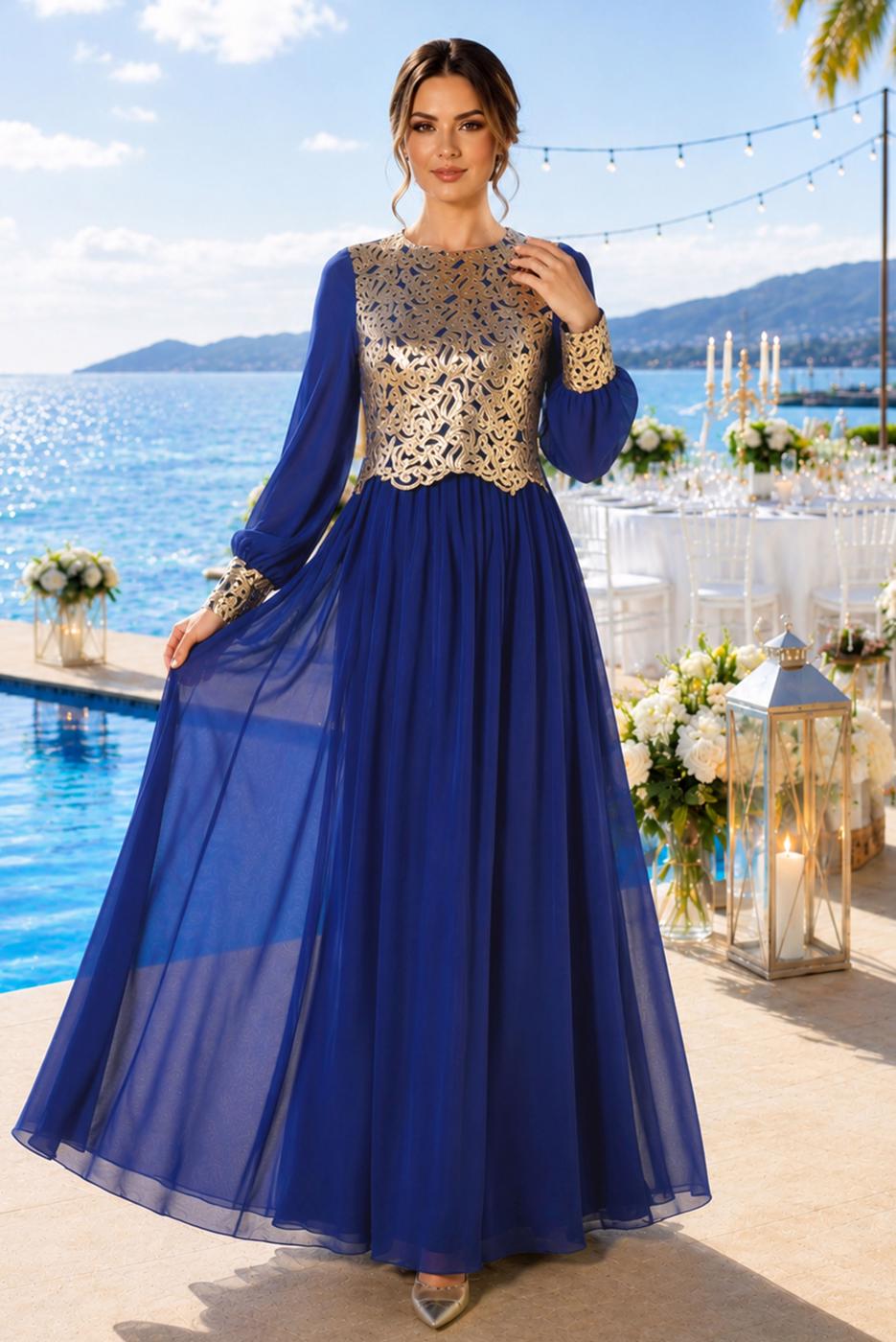 Hijab clothing NAVY BLUE T 48525 Fy Collection-Pul İşlemeli Abiye Elbise