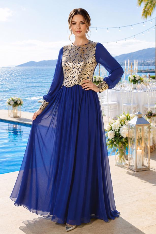 Hijab clothing  T 48525 Fy Collection-Pul İşlemeli Abiye Elbise - TRENDTESETTÜR