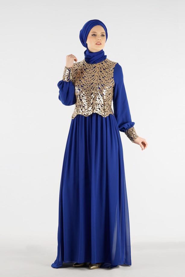 Tesettür giyim  T 48525 Fy Collection-Pul İşlemeli Abiye Elbise - TRENDTESETTÜR