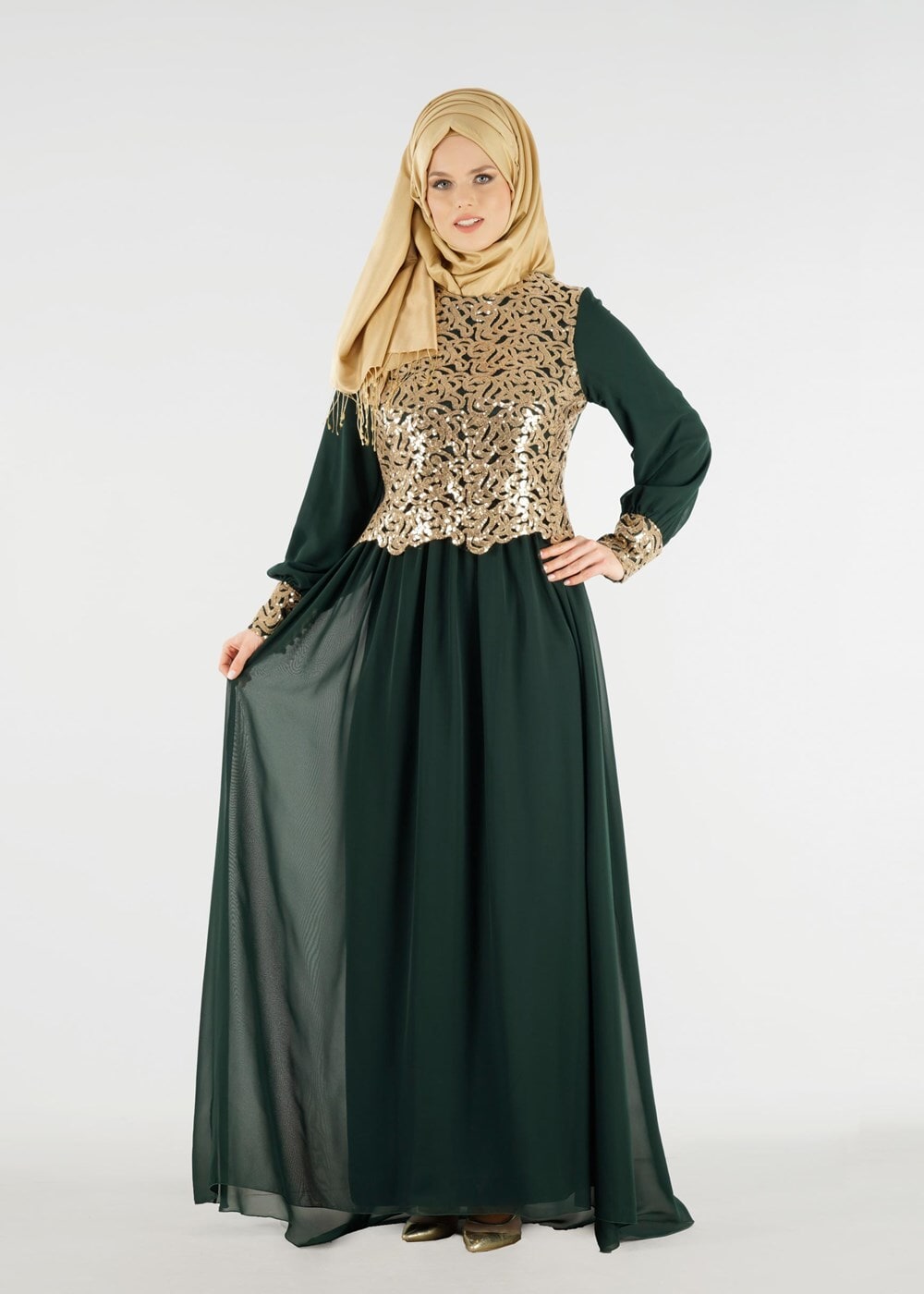 Tesettür giyim YEŞİL T 48525 Fy Collection-Pul İşlemeli Abiye Elbise