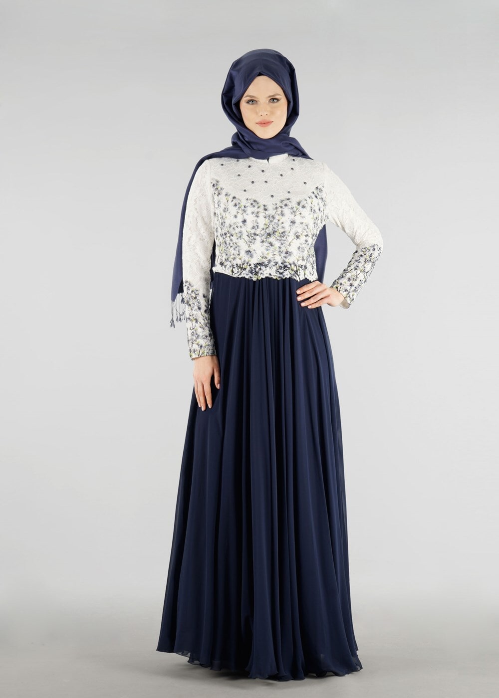 Vêtements hijab BLEU MARINE T 51741 Moda Perfect-Dantel Detaylı Elbise