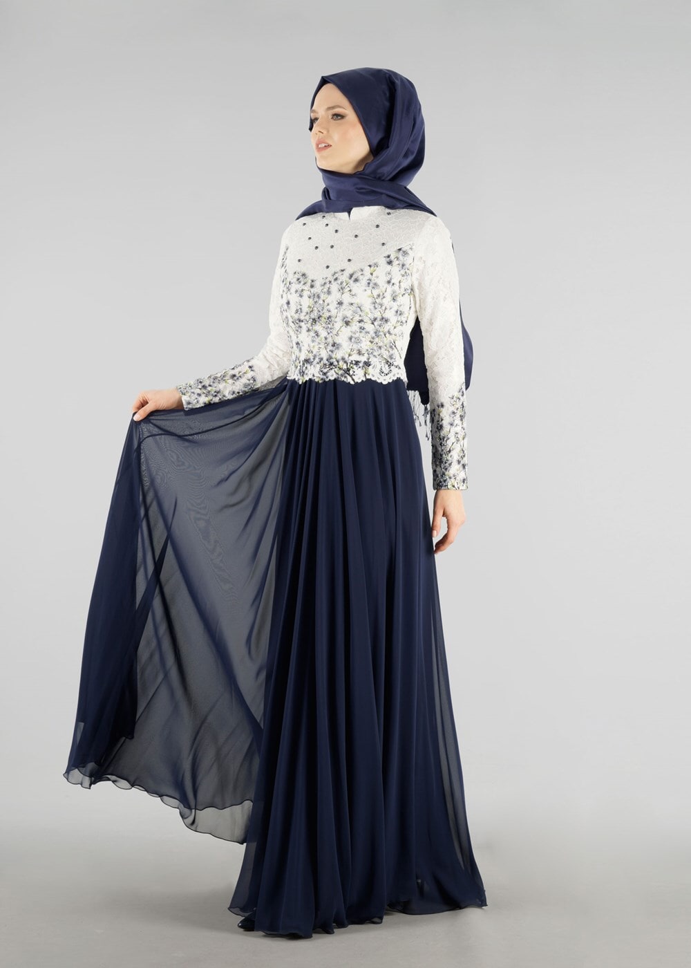 Vêtements hijab BLEU MARINE T 51741 Moda Perfect-Dantel Detaylı Elbise