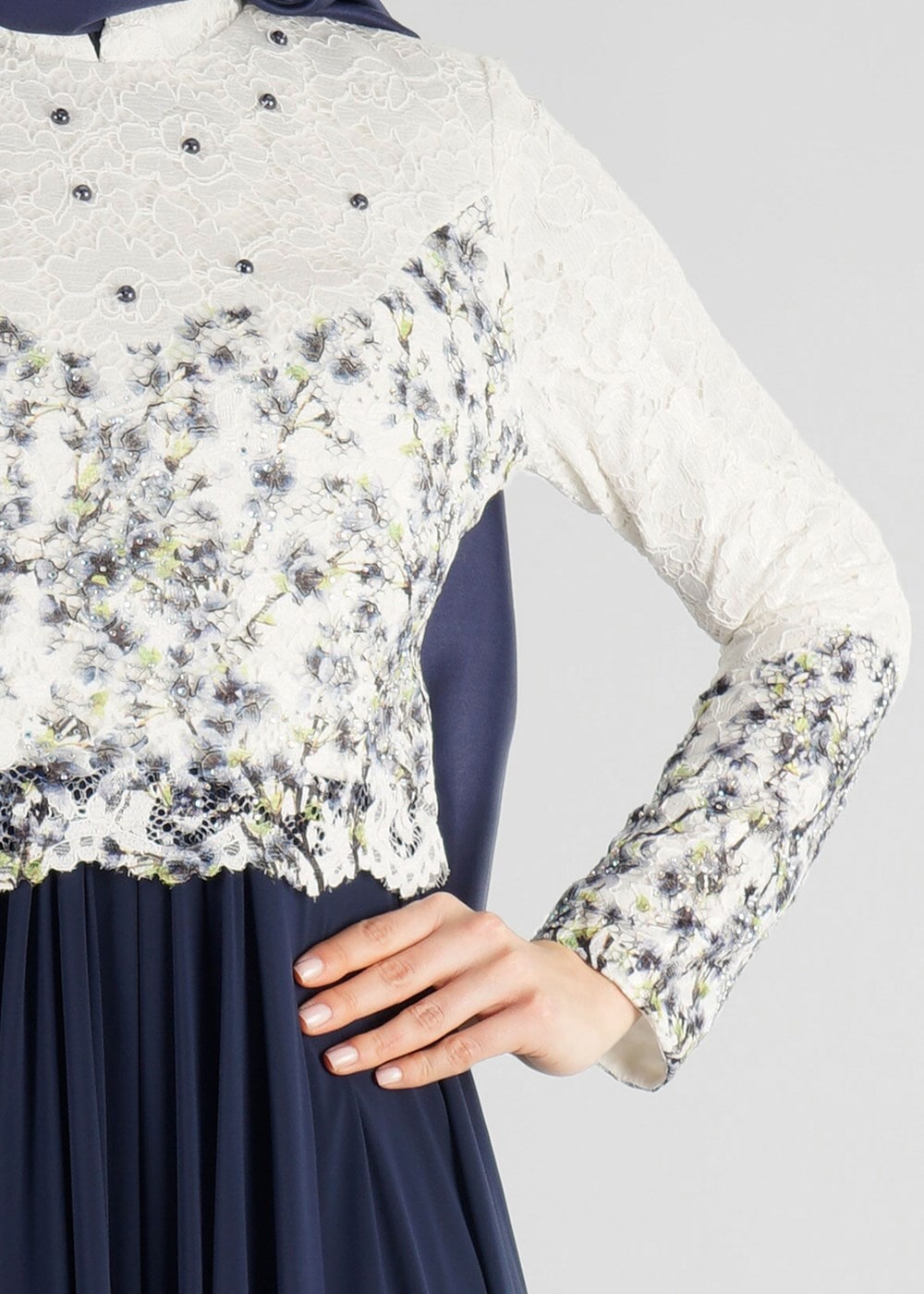 Vêtements hijab BLEU MARINE T 51741 Moda Perfect-Dantel Detaylı Elbise