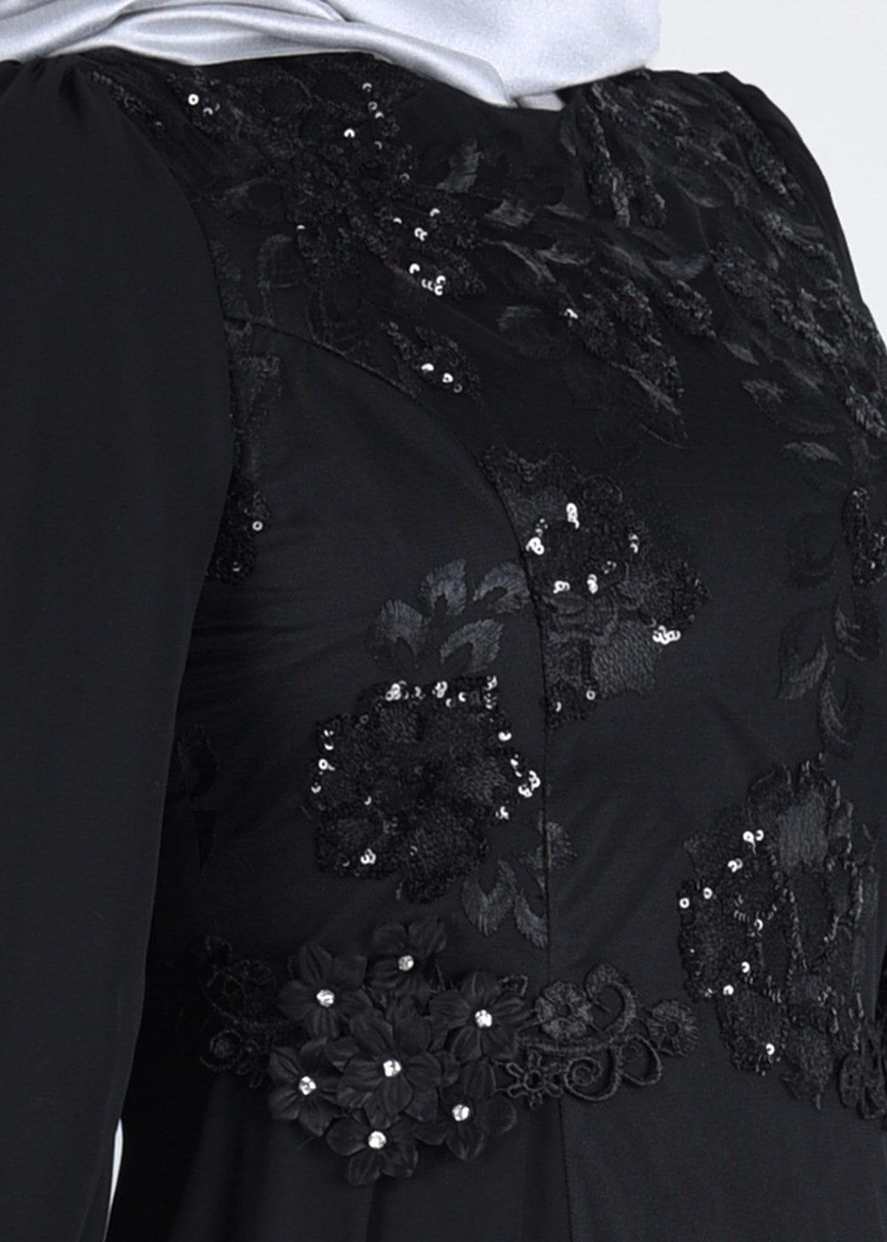 Tesettür giyim SİYAH T 55525 Fy Collection-İşleme Detaylı Tesettür Abiye Elbise