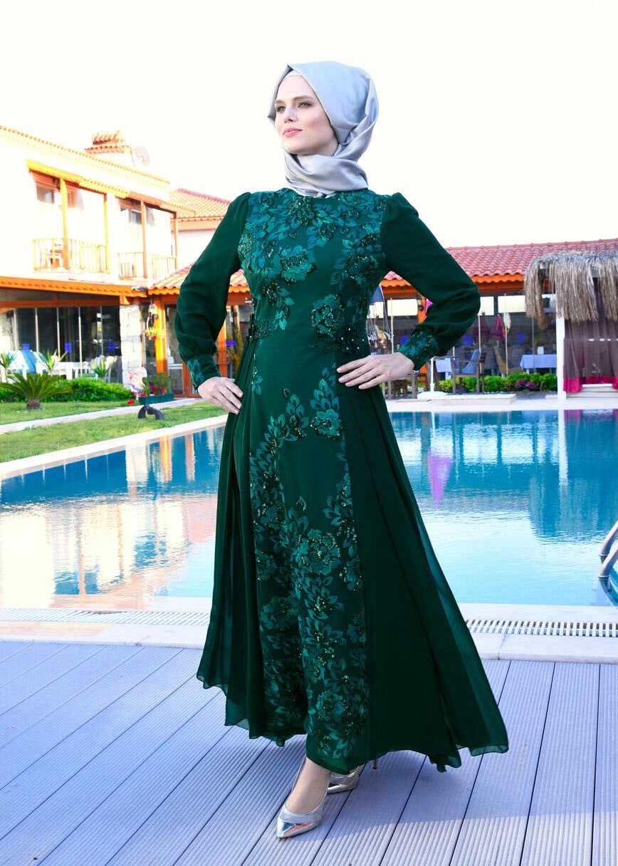 Tesettür giyim YEŞİL T 55525 Fy Collection-İşleme Detaylı Tesettür Abiye Elbise