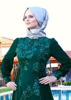 Tesettür giyim YEŞİL T 55525 Fy Collection-İşleme Detaylı Tesettür Abiye Elbise