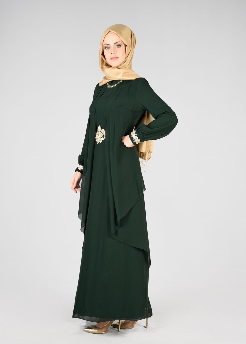 Tesettür giyim YEŞİL T 64525 Fy Collection- Güpür Detaylı Abiye Elbise