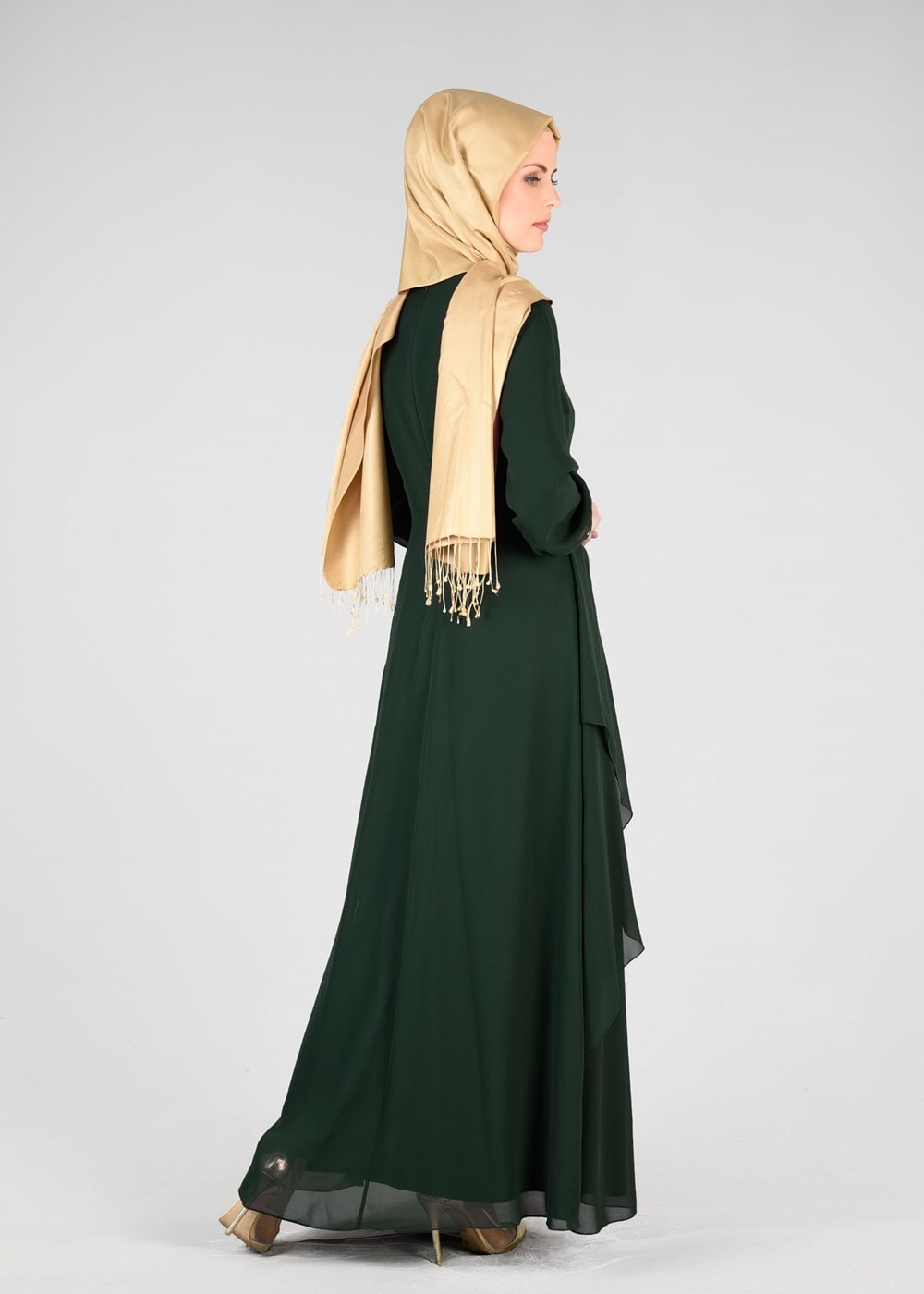 Tesettür giyim YEŞİL T 64525 Fy Collection- Güpür Detaylı Abiye Elbise