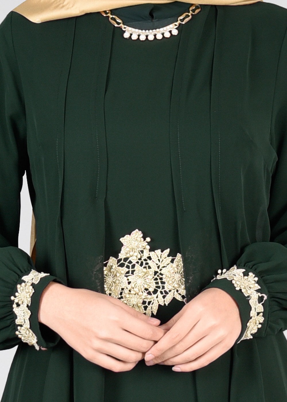 Tesettür giyim YEŞİL T 64525 Fy Collection- Güpür Detaylı Abiye Elbise