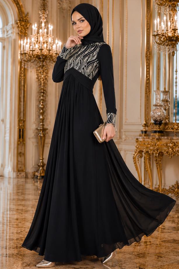 Tesettür giyim  İŞLEME DETAYLI ABİYE ELBİSE T 66525 - TRENDTESETTÜR