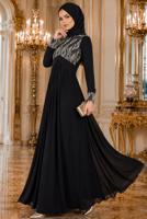 Hijab-Kleidung SCHWARZ ABENDKLEID MIT STICKDETAILS T 66525