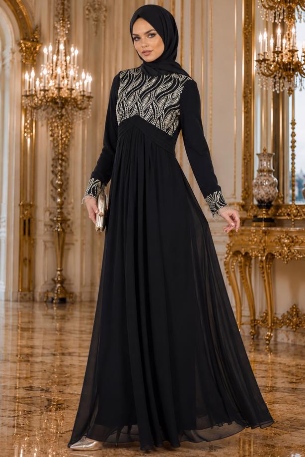 Tesettür giyim  İŞLEME DETAYLI ABİYE ELBİSE T 66525 - TRENDTESETTÜR