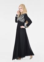 Tesettür giyim SİYAH T 66525 Fy Collection-İşleme Detaylı Tesettür Abiye Elbise