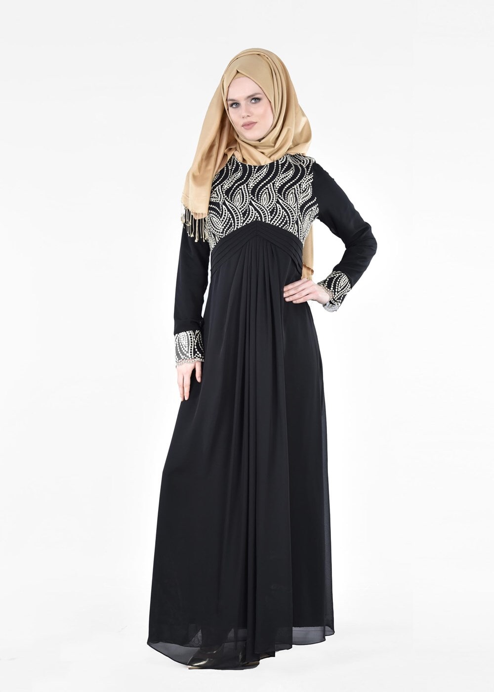 Vêtements hijab NOIR T 66525 Fy Collection-İşleme Detaylı Tesettür Abiye Elbise