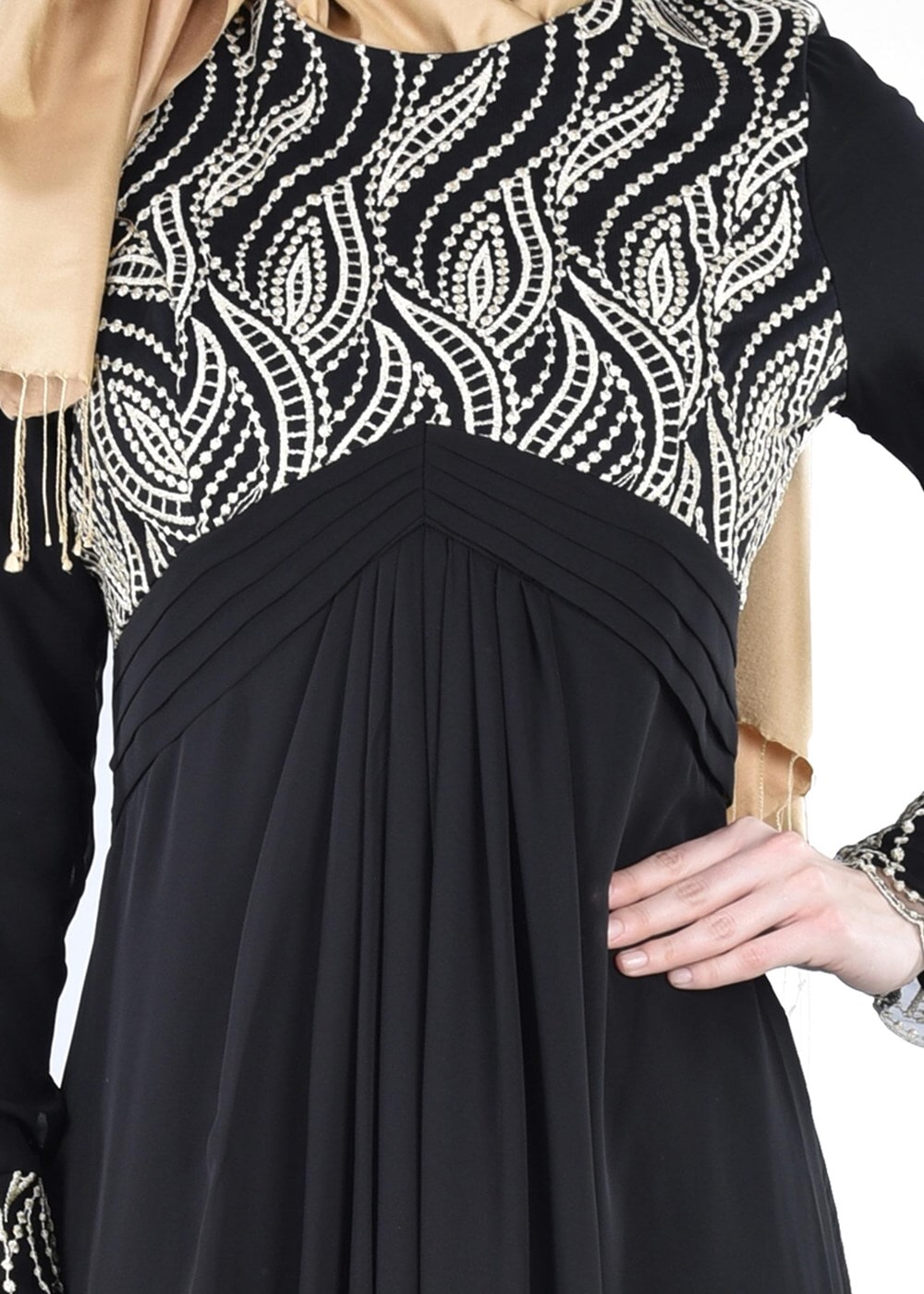 Vêtements hijab NOIR T 66525 Fy Collection-İşleme Detaylı Tesettür Abiye Elbise