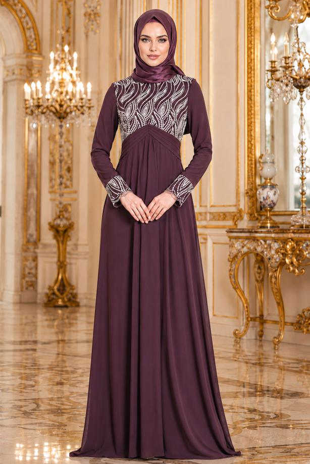 Tesettür giyim  İŞLEME DETAYLI ABİYE ELBİSE T 66525 - TRENDTESETTÜR