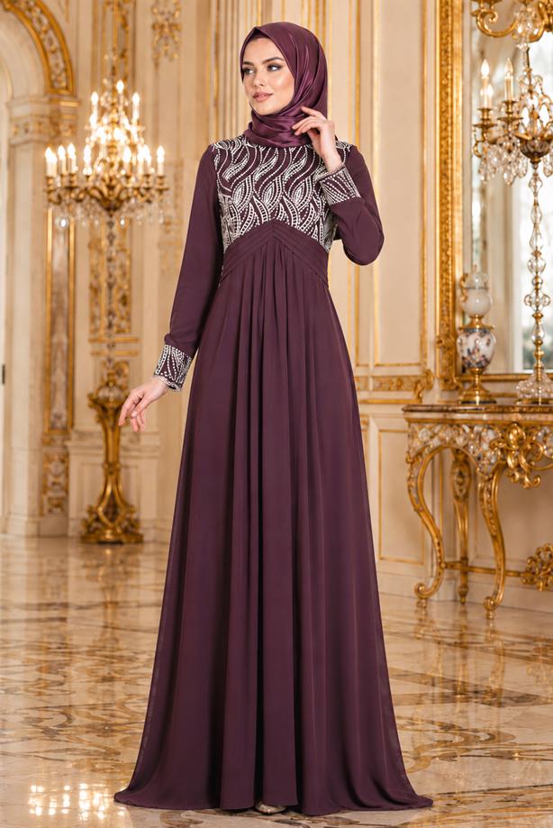 Tesettür giyim  İŞLEME DETAYLI ABİYE ELBİSE T 66525 - TRENDTESETTÜR