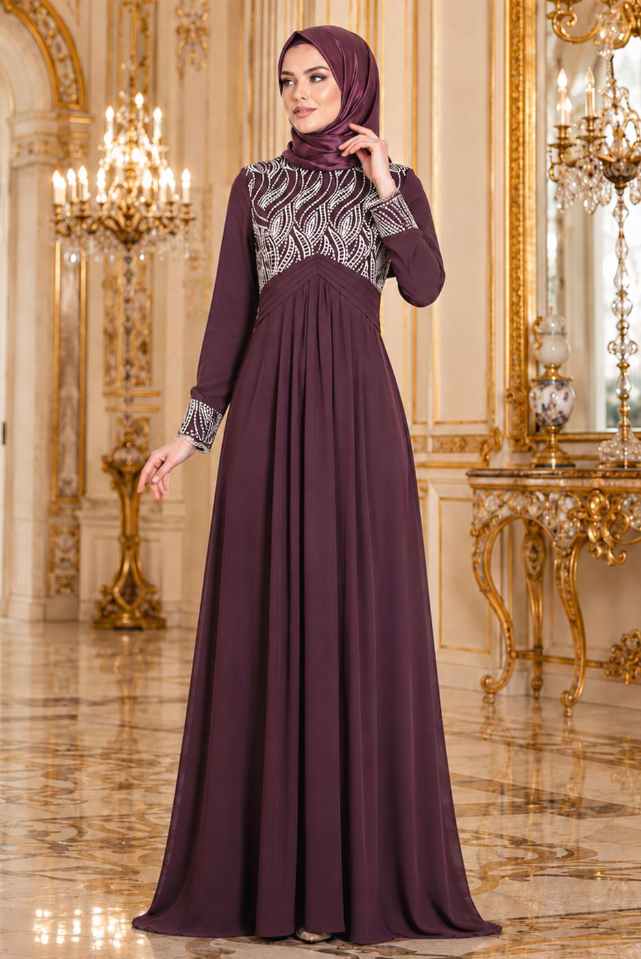 Hijab-Kleidung PFLAUME ABENDKLEID MIT STICKDETAILS T 66525