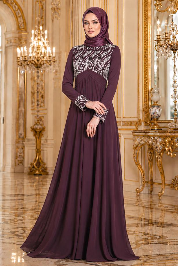 Tesettür giyim  İŞLEME DETAYLI ABİYE ELBİSE T 66525 - TRENDTESETTÜR