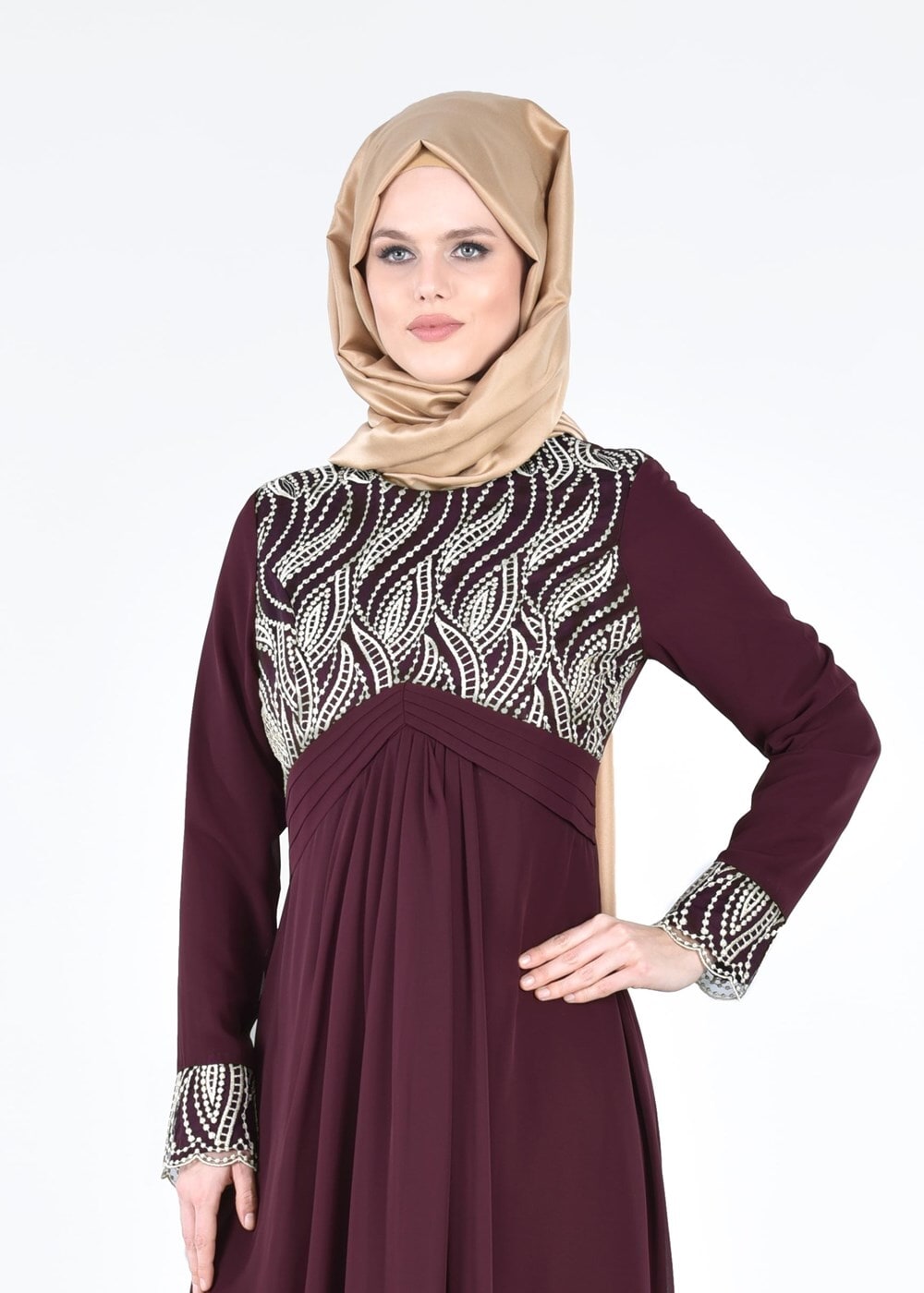 Vêtements hijab PRUNE T 66525 Fy Collection-İşleme Detaylı Tesettür Abiye Elbise
