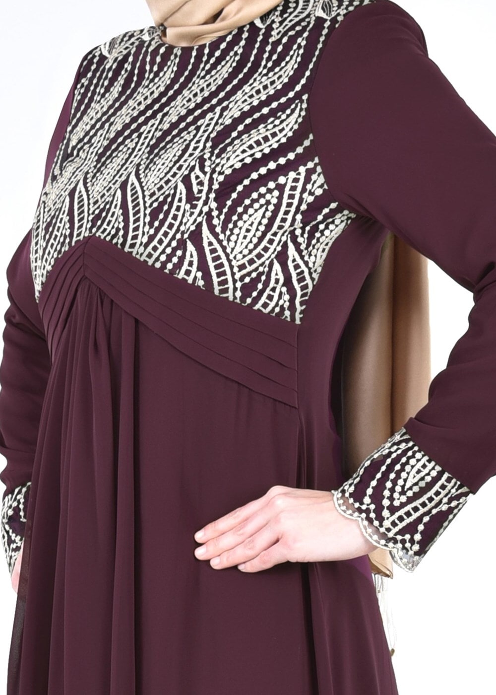 Vêtements hijab PRUNE T 66525 Fy Collection-İşleme Detaylı Tesettür Abiye Elbise