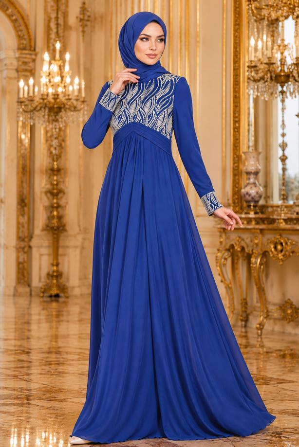 Tesettür giyim  İŞLEME DETAYLI ABİYE ELBİSE T 66525 - TRENDTESETTÜR