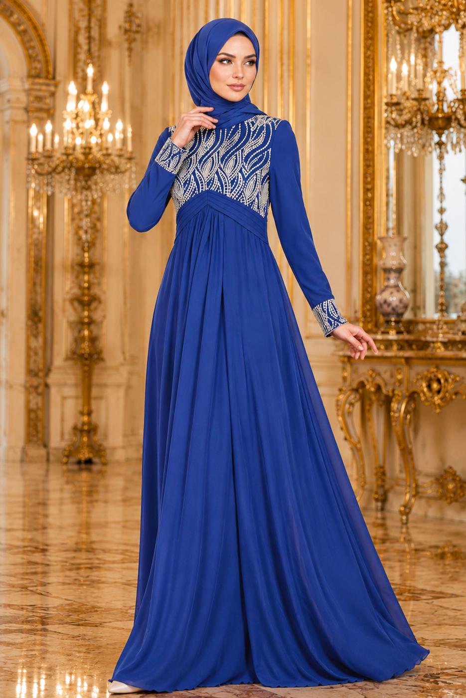 Hijab-Kleidung MARINEBLAU ABENDKLEID MIT STICKDETAILS T 66525