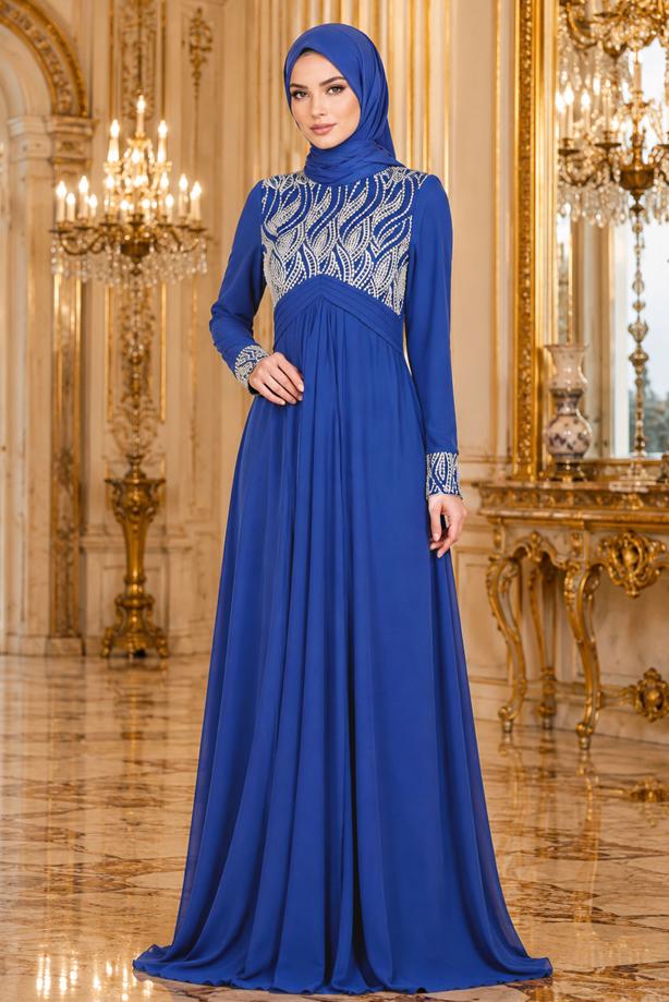Tesettür giyim  İŞLEME DETAYLI ABİYE ELBİSE T 66525 - TRENDTESETTÜR