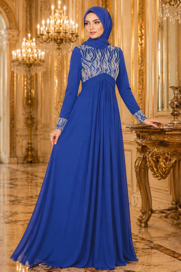 Tesettür giyim  İŞLEME DETAYLI ABİYE ELBİSE T 66525 - TRENDTESETTÜR