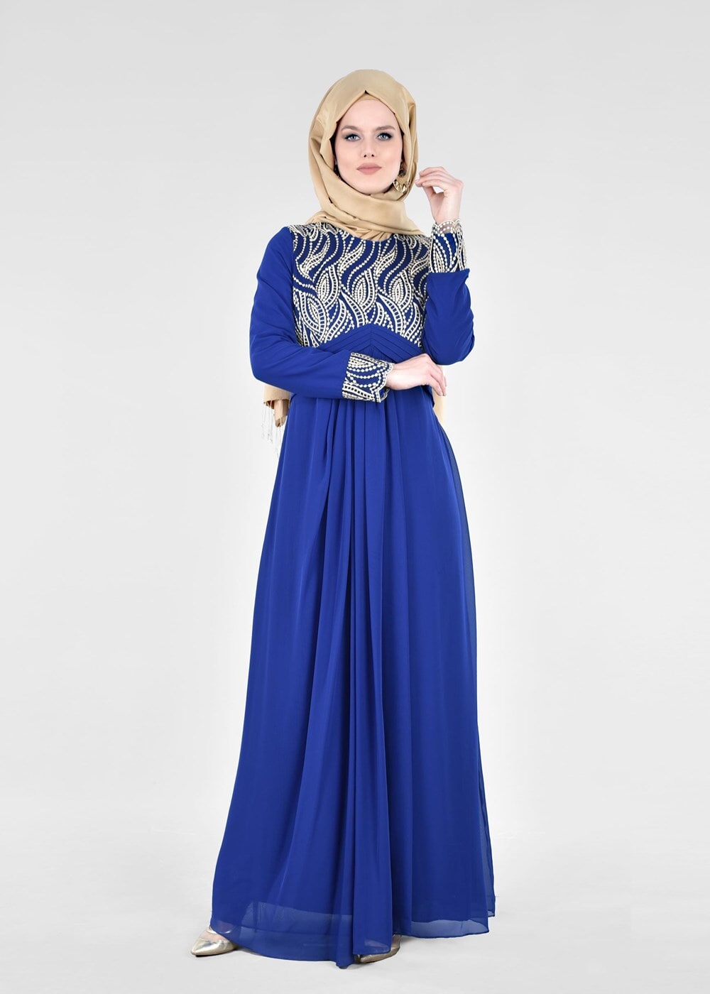 Hijab clothing NAVY BLUE T 66525 Fy Collection-İşleme Detaylı Tesettür Abiye Elbise